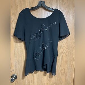 EUC Michel Blouse in Black with Floral Print, Embellishments and Flutter Sleeves